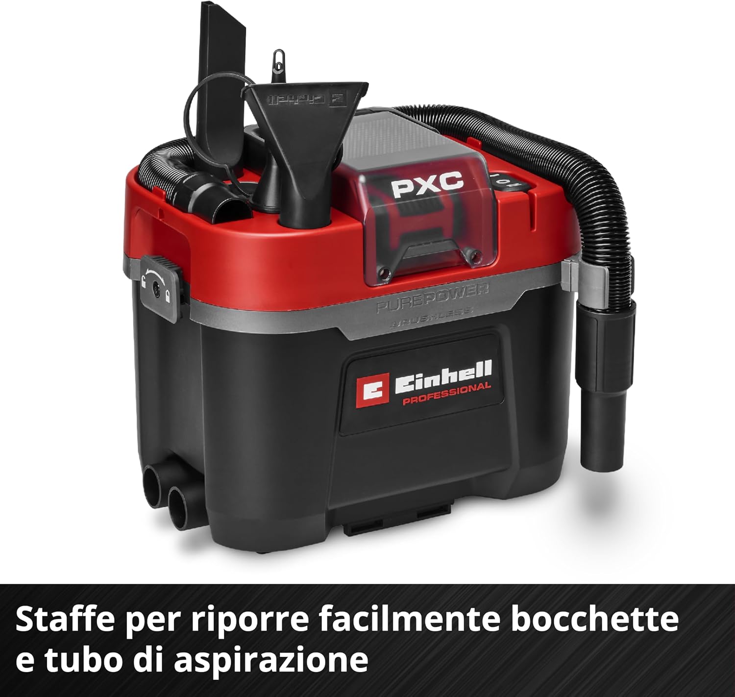 Aspirasolidi Einhell con accessori ordinati nelle staffe