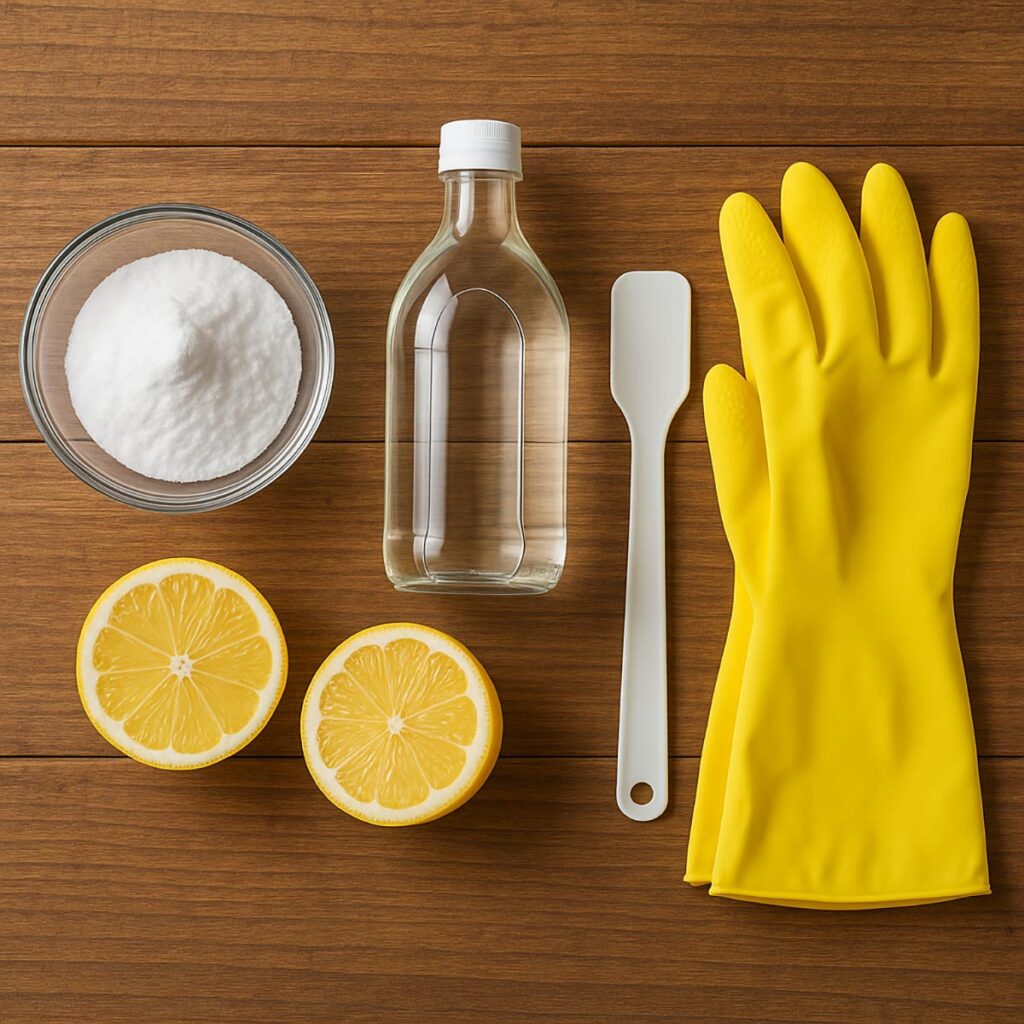 Ingredienti per la pulizia naturale del forno disposti su un tavolo: bicarbonato, aceto, limone e guanti