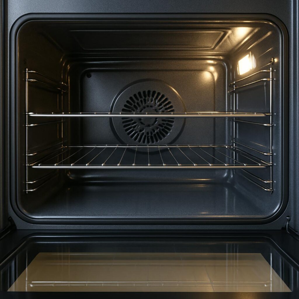 Interno di un forno perfettamente pulito e brillante, con le griglie scintillanti e la luce accesa