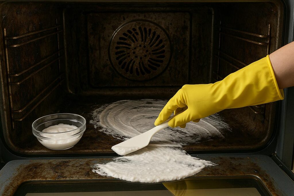 Mano con guanto giallo che applica una pasta bianca di bicarbonato sulle pareti interne di un forno sporco