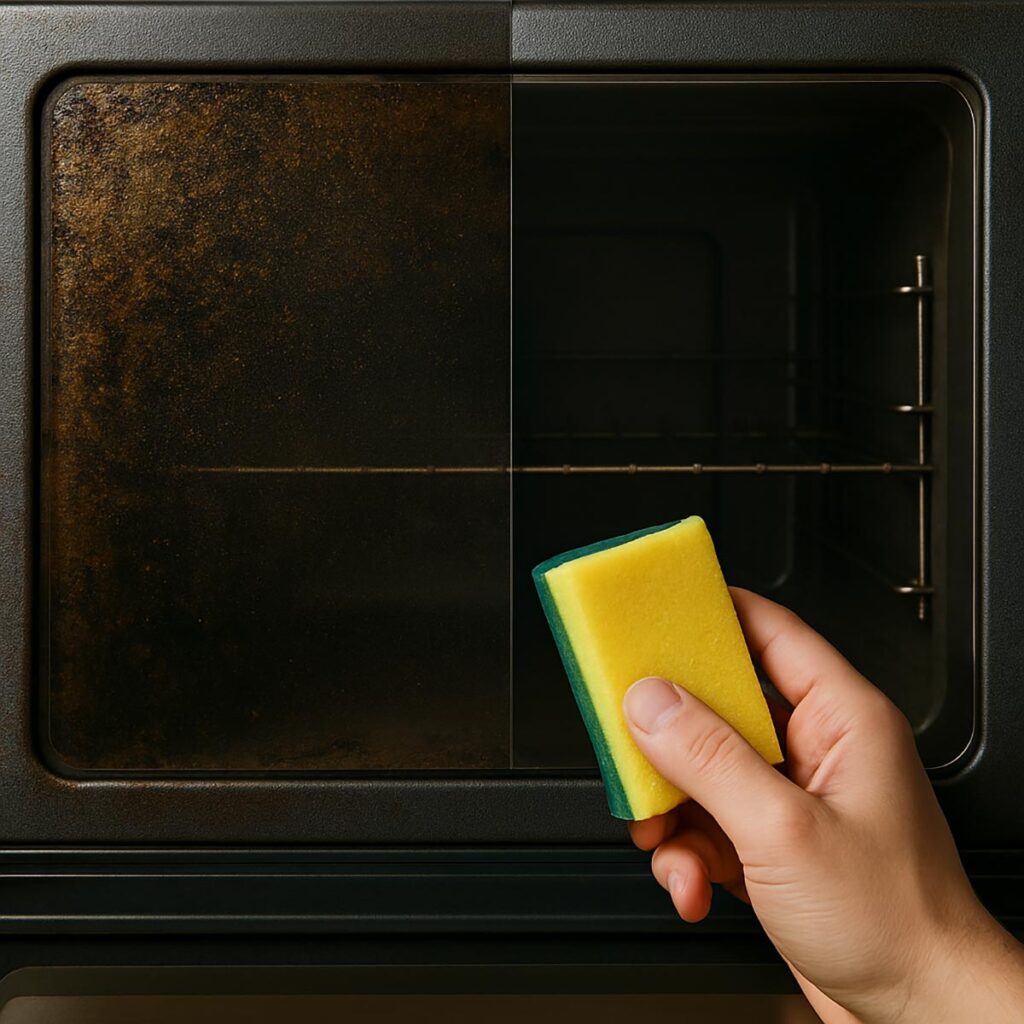 Vetro di uno sportello del forno con un confronto prima e dopo la pulizia, metà sporco e metà perfettamente pulito