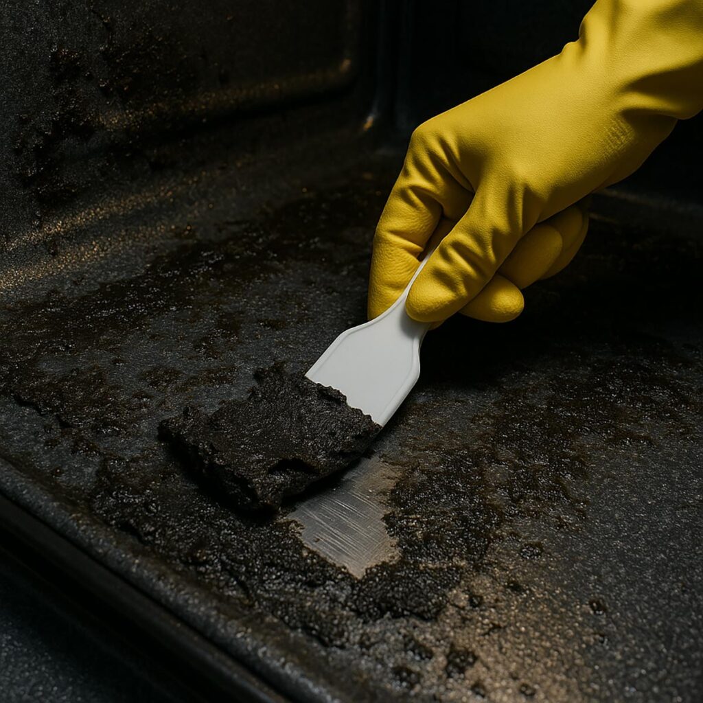 Mano che usa una spatola di plastica per rimuovere facilmente le incrostazioni di grasso ammorbidite dal fondo del forno