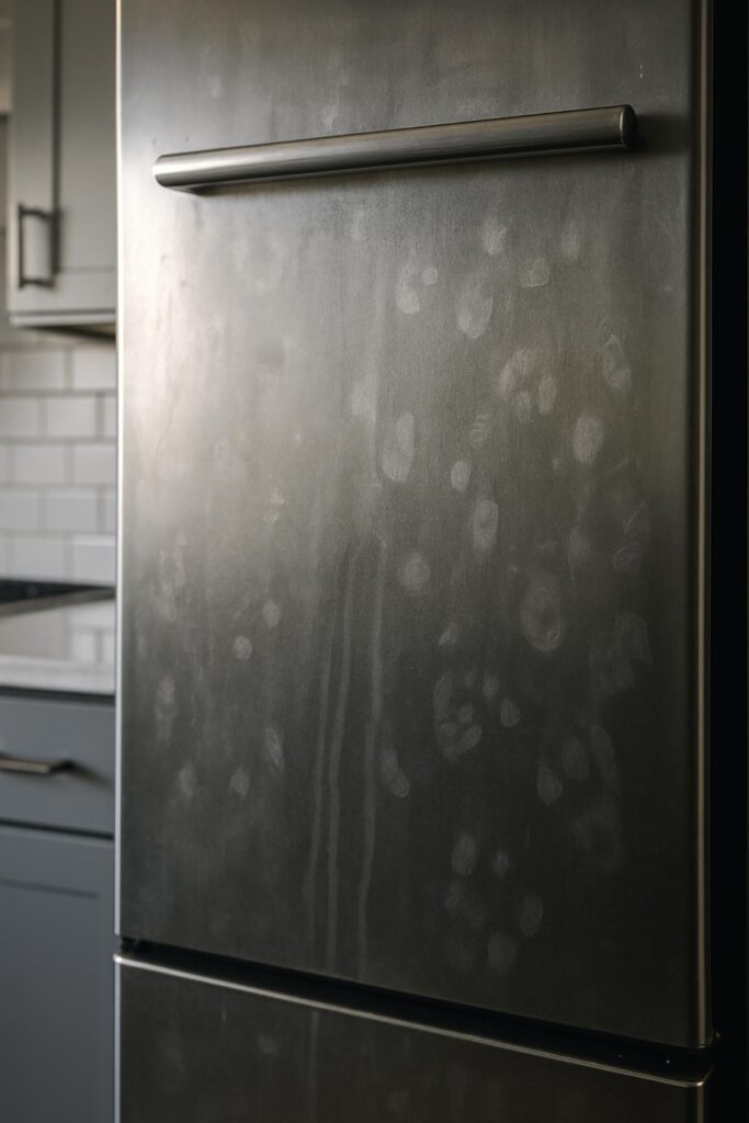 Superficie di un frigorifero in acciaio inox opaca e piena di impronte digitali e aloni prima della pulizia