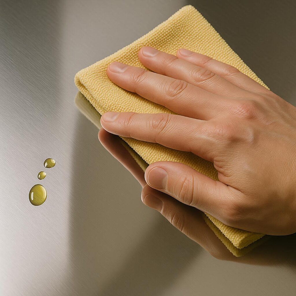 ano che lucida a specchio una superficie in acciaio inox con un panno in microfibra per un effetto brillante e senza aloni