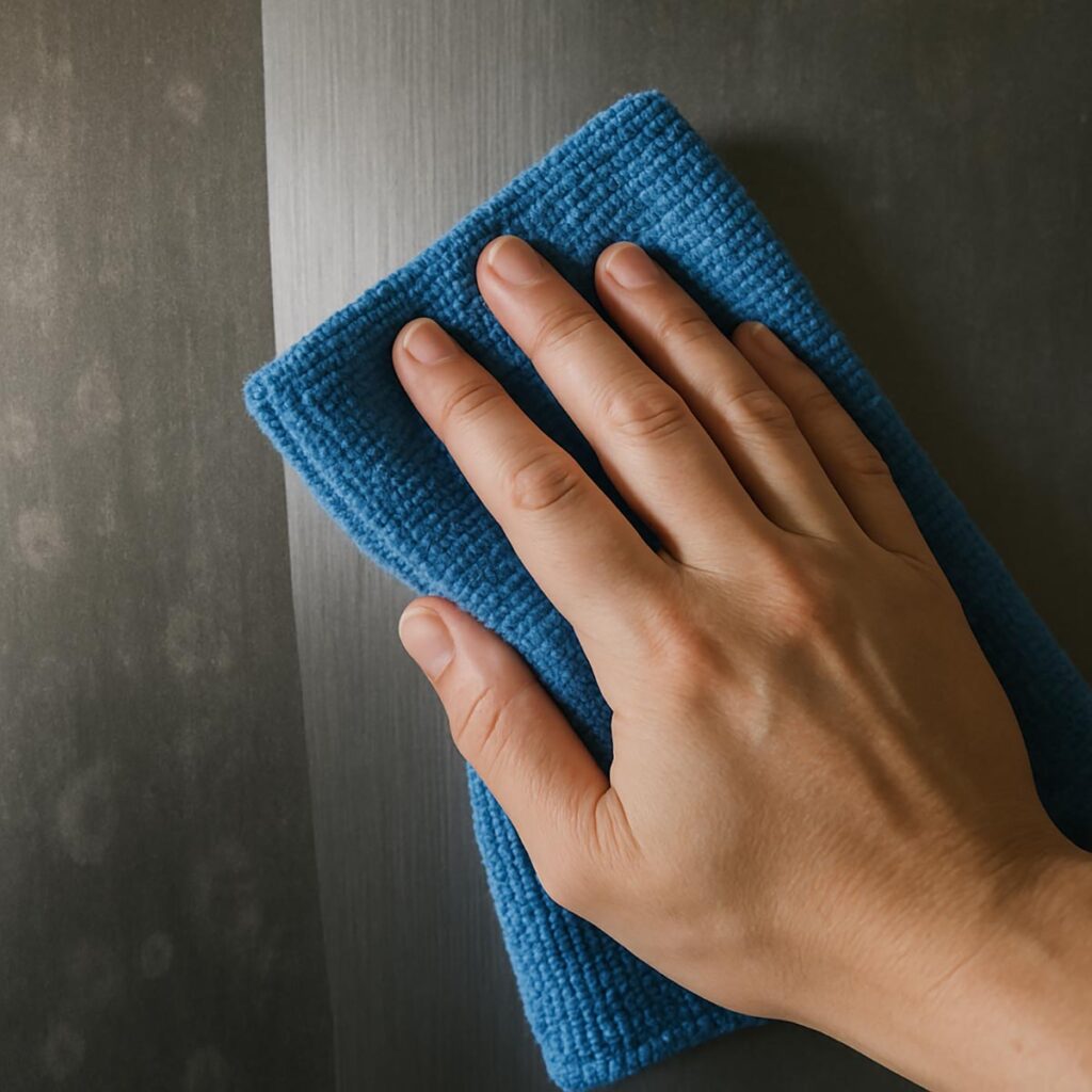 Mano che pulisce una superficie in acciaio inox con un panno in microfibra, seguendo la direzione della satinatura per evitare aloni