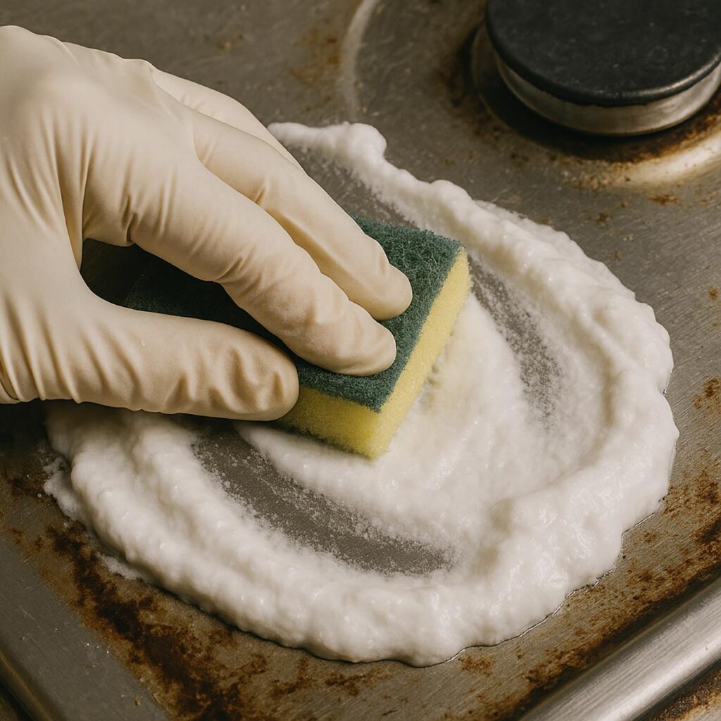 Pasta di bicarbonato di sodio applicata su un piano cottura in acciaio inox per rimuovere il grasso e le incrostazioni.