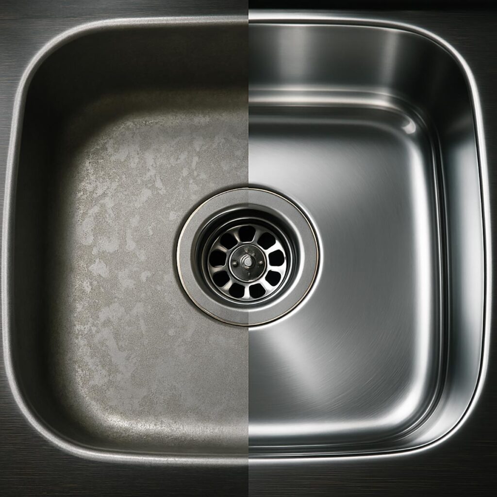 Confronto prima e dopo della pulizia di un lavello in acciaio inox, che passa da opaco e macchiato a pulito e brillante.