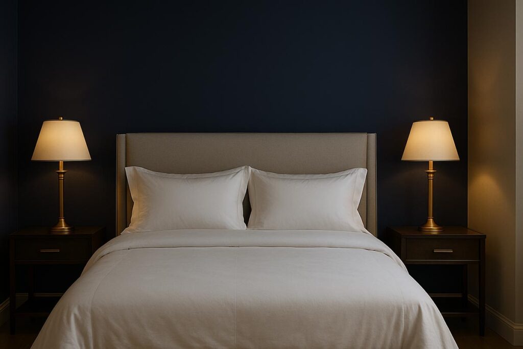 Camera da letto elegante dipinta con due colori, con parete d'accento blu notte dietro al letto e le altre pareti color tortora chiaro