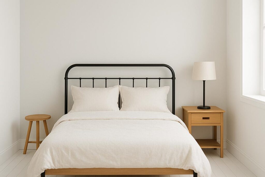 Camera da letto minimale e luminosa con due colori, una parete d'accento grigio perla e le altre bianche, in stile scandinavo