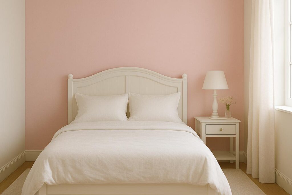 Camera da letto romantica con due colori, con dettagli rosa cipria sulla parete d'accento e muri bianchi, per un'atmosfera luminosa