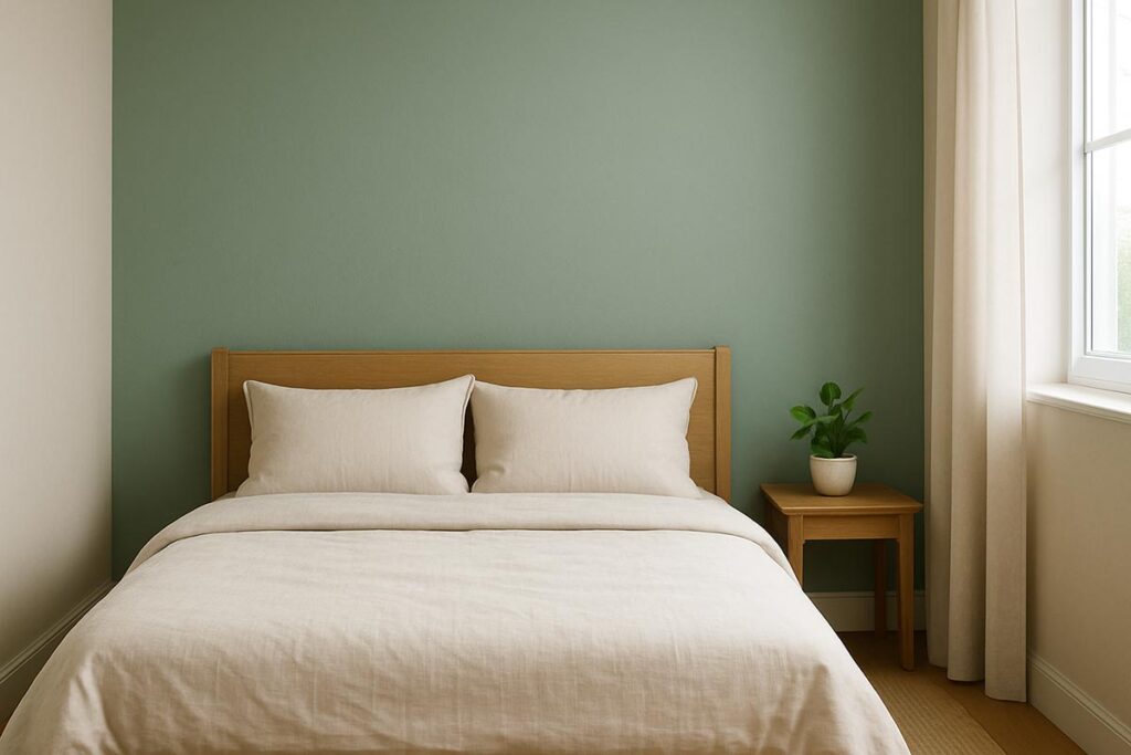 Camera da letto rilassante con due colori, parete d'accento verde salvia e muri color greige, con arredi in legno naturale.